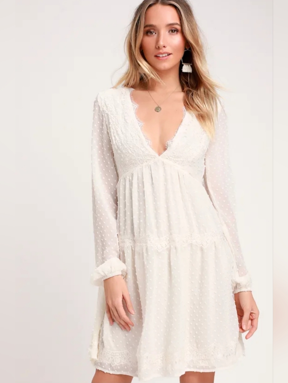 Lulus Wistful Moment Swiss Dot Cream Dress With Lace Detail Brudal Boho Size Med